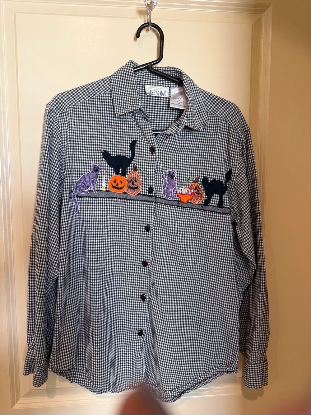 Black & White Gingham Shirt with Halloween Embroidery